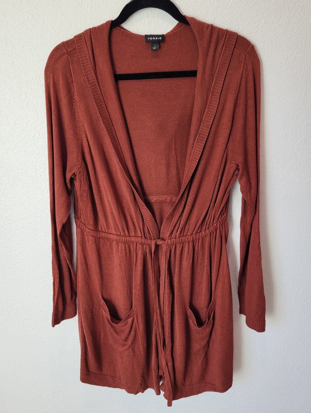 Torrid 1X Rust Hooded Duster Cardigan Drawstring Waist Boho Coastal